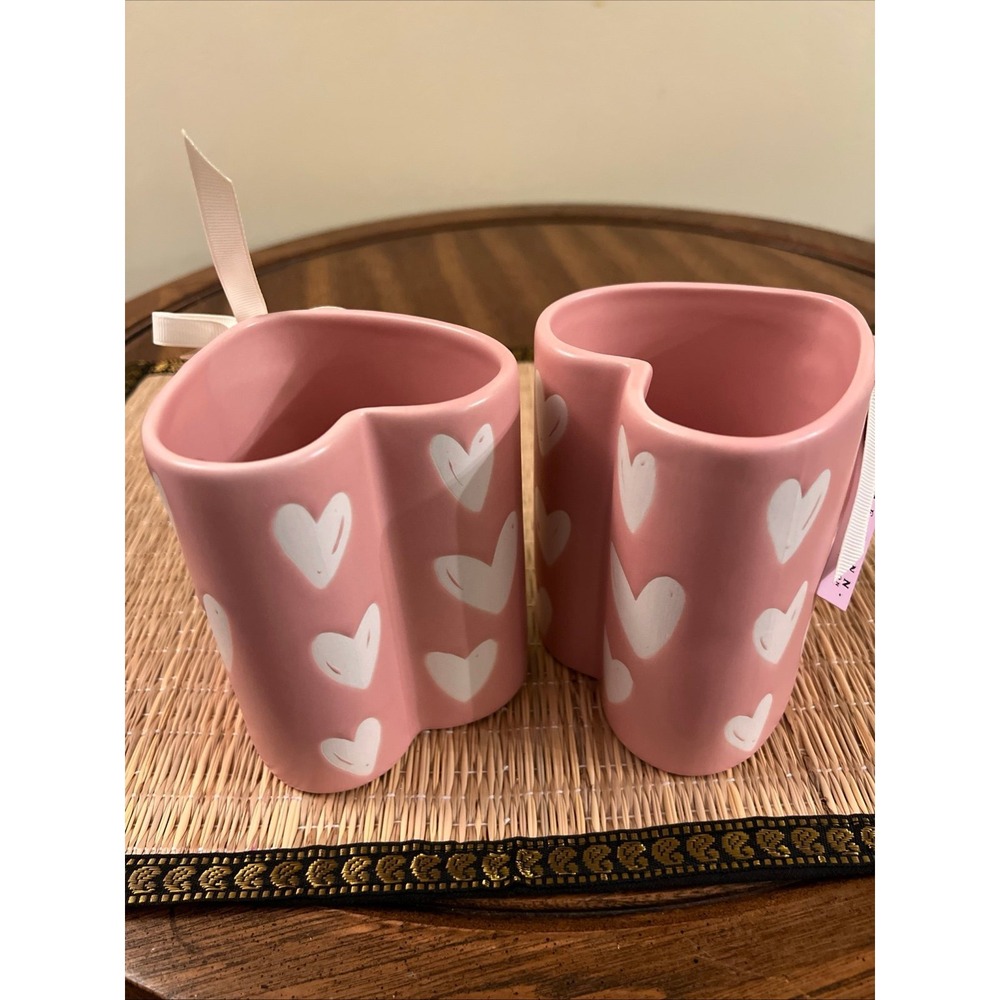 Two Rae Dunn Pink Heart Shaped Coffee Mugs With White Hearts Valentine's Day New